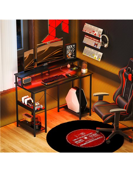 HOMCOM LED Computer Desk, with Power Outlets and Shelves - Carbon Fibre Grey - pic 172654 | FastDaddyshop