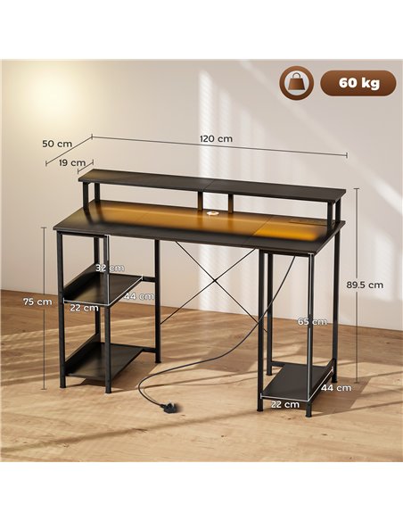 HOMCOM LED Computer Desk, with Power Outlets and Shelves - Carbon Fibre Grey - pic 172655 | FastDaddyshop