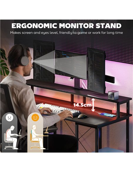 HOMCOM LED Computer Desk, with Power Outlets and Shelves - Carbon Fibre Grey - pic 172658 | FastDaddyshop