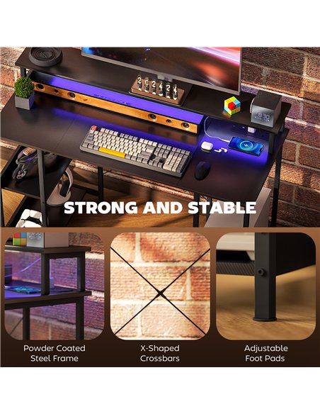 HOMCOM LED Computer Desk, with Power Outlets and Shelves - Carbon Fibre Grey - pic 172661 | FastDaddyshop