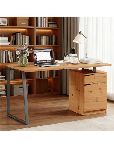HOMCOM Computer Desk, Writing Desk with Cabinet, Drawer, Metal Legs, Work Table for Home Office Study, Natural Wood Finish