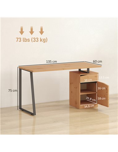 HOMCOM Computer Desk, Writing Desk with Cabinet, Drawer, Metal Legs, Work Table for Home Office Study, Natural Wood Finish