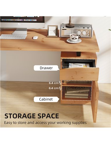 HOMCOM Computer Desk, Writing Desk with Cabinet, Drawer, Metal Legs, Work Table for Home Office Study, Natural Wood Finish