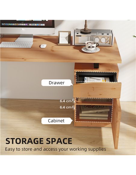 HOMCOM Computer Desk, Writing Desk with Cabinet, Drawer, Metal Legs, Work Table for Home Office Study, Natural Wood Finish - pic 172666 | FastDaddyshop