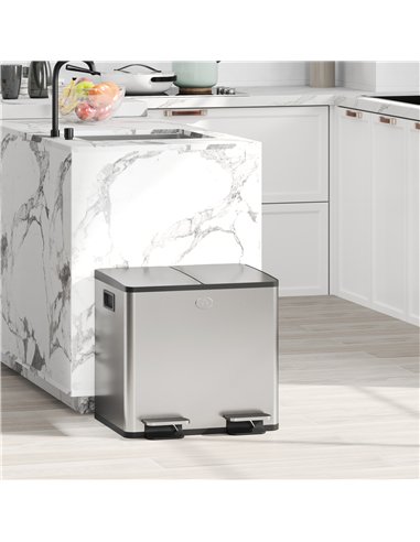 HOMCOM 30L Dual Compartment Stainless Steel Bin, with Deodoriser Holders - Silver Tone