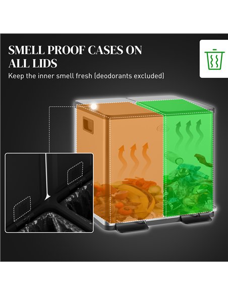 HOMCOM 30L Dual Compartment Stainless Steel Bin, with Deodoriser Holders - Silver Tone - pic 172702 | FastDaddyshop