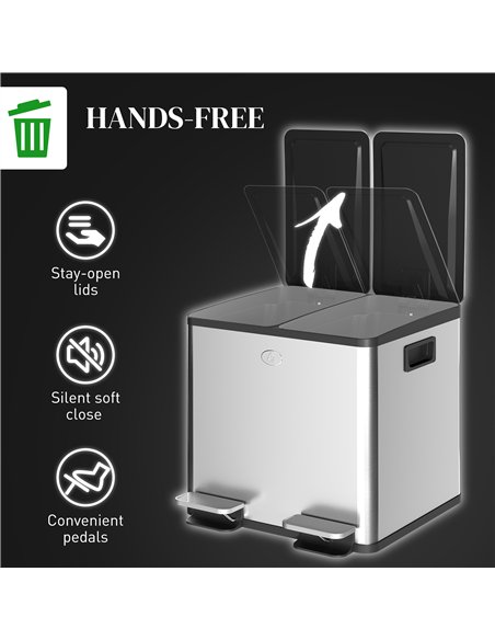 HOMCOM 30L Dual Compartment Stainless Steel Bin, with Deodoriser Holders - Silver Tone - pic 172703 | FastDaddyshop