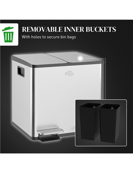 HOMCOM 30L Dual Compartment Stainless Steel Bin, with Deodoriser Holders - Silver Tone - pic 172704 | FastDaddyshop