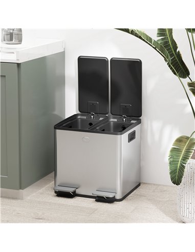 HOMCOM 30L Dual Compartment Stainless Steel Bin, with Deodoriser Holders - Silver Tone