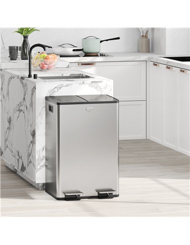 HOMCOM 56L Dual Compartment Stainless Steel Bin, with Deodoriser Holders - Silver Tone