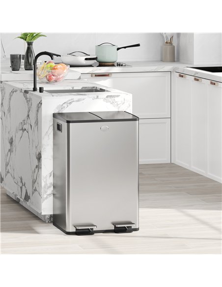 HOMCOM 56L Dual Compartment Stainless Steel Bin, with Deodoriser Holders - Silver Tone - pic 172708 | FastDaddyshop