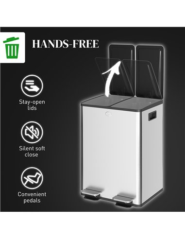 HOMCOM 56L Dual Compartment Stainless Steel Bin, with Deodoriser Holders - Silver Tone