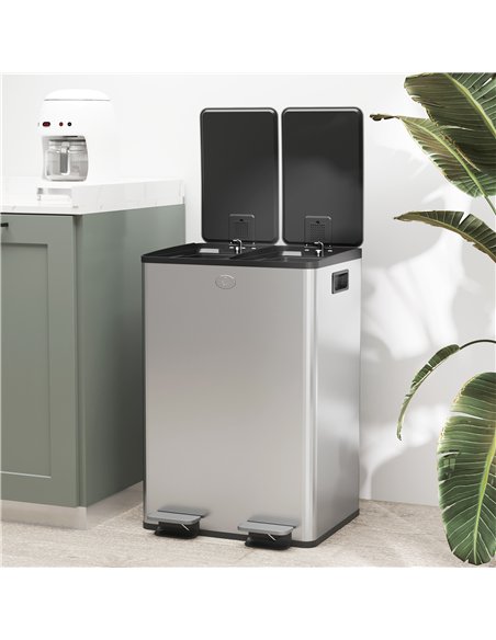 HOMCOM 56L Dual Compartment Stainless Steel Bin, with Deodoriser Holders - Silver Tone - pic 172715 | FastDaddyshop