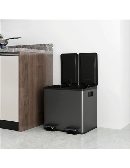 HOMCOM 30L Dual Compartment Stainless Steel Bin, with Deodoriser Holders - Black - pic 172724 | FastDaddyshop