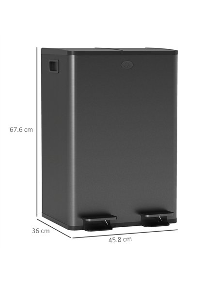 HOMCOM 56L Dual Compartment Stainless Steel Bin, with Deodoriser Holders - Black - pic 172727 | FastDaddyshop