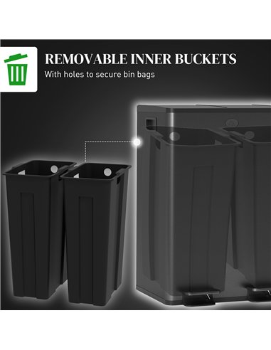 HOMCOM 56L Dual Compartment Stainless Steel Bin, with Deodoriser Holders - Black