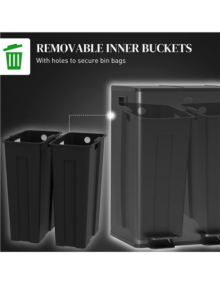 HOMCOM 56L Dual Compartment Stainless Steel Bin, with Deodoriser Holders - Black - pic 172731 | FastDaddyshop