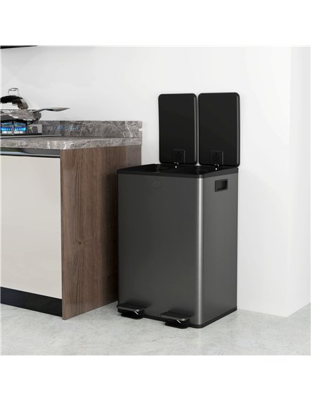 HOMCOM 56L Dual Compartment Stainless Steel Bin, with Deodoriser Holders - Black - pic 172733 | FastDaddyshop