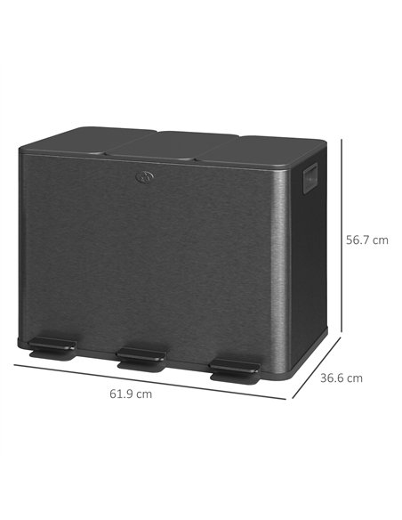 HOMCOM 3 x 20L Pedal Bin, Steel Triple Kitchen Bin with Soft Close Lid, Removable Inner Buckets, Fingerprint-Proof, Black - pic 172736 | FastDaddyshop