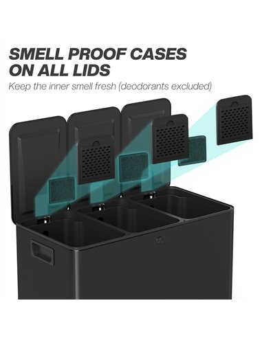 HOMCOM 3 x 20L Pedal Bin, Steel Triple Kitchen Bin with Soft Close Lid, Removable Inner Buckets, Fingerprint-Proof, Black
