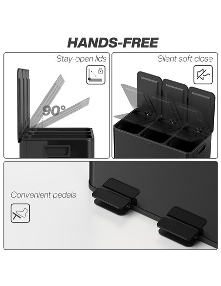 HOMCOM 3 x 20L Pedal Bin, Steel Triple Kitchen Bin with Soft Close Lid, Removable Inner Buckets, Fingerprint-Proof, Black - pic 172739 | FastDaddyshop