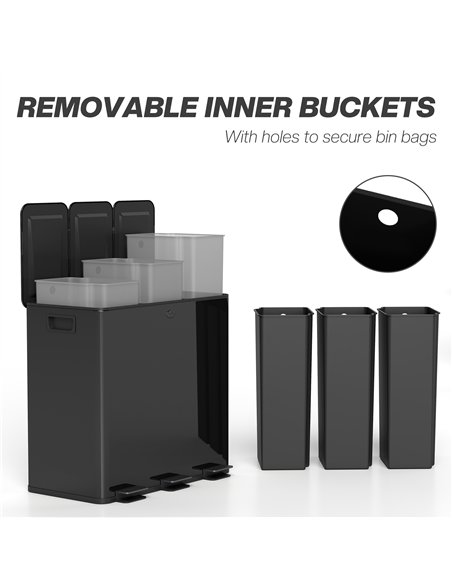 HOMCOM 3 x 20L Pedal Bin, Steel Triple Kitchen Bin with Soft Close Lid, Removable Inner Buckets, Fingerprint-Proof, Black - pic 172740 | FastDaddyshop