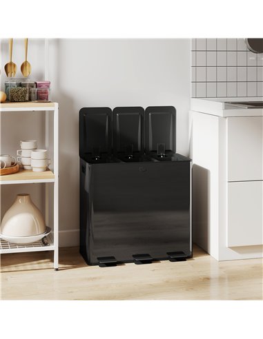 HOMCOM 3 x 20L Pedal Bin, Steel Triple Kitchen Bin with Soft Close Lid, Removable Inner Buckets, Fingerprint-Proof, Black