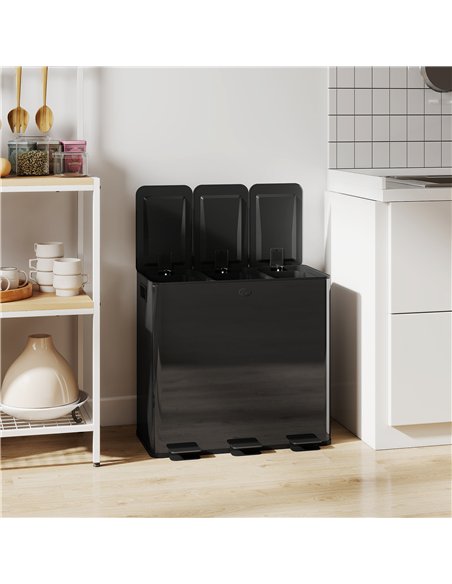 HOMCOM 3 x 20L Pedal Bin, Steel Triple Kitchen Bin with Soft Close Lid, Removable Inner Buckets, Fingerprint-Proof, Black - pic 172742 | FastDaddyshop