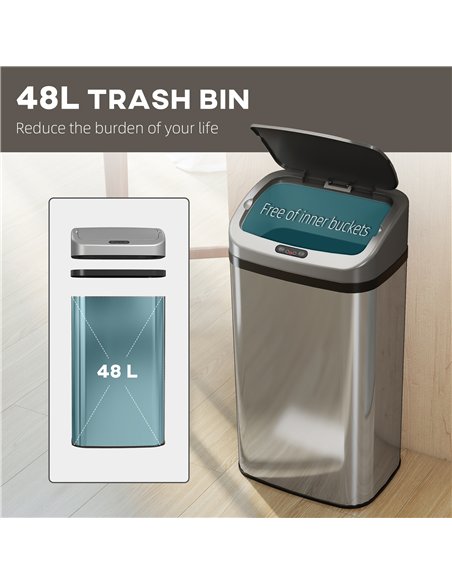 HOMCOM 48L Stainless Steel Sensor Bin - Silver-Tone - pic 172748 | FastDaddyshop