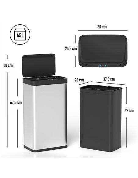 HOMCOM 45L Stainless Steel Sensor Bin - Silver Tone - pic 172781 | FastDaddyshop