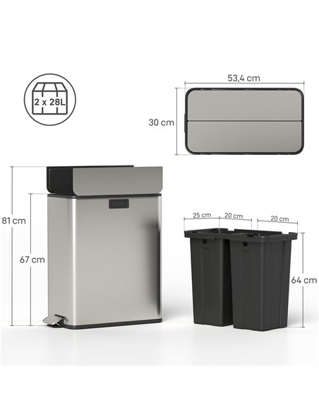 HOMCOM Dual Kitchen Bin with Soft-Close Butterfly Lid, 2 x 28L Stainless Steel Pedal Bin with Removable Inner Buckets, Fingerpri - pic 172790 | FastDaddyshop