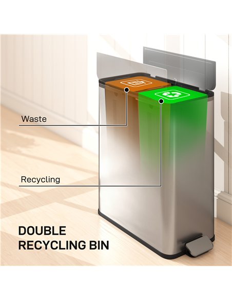 HOMCOM Dual Kitchen Bin with Soft-Close Butterfly Lid, 2 x 28L Stainless Steel Pedal Bin with Removable Inner Buckets, Fingerpri - pic 172791 | FastDaddyshop