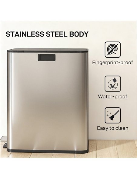 HOMCOM Dual Kitchen Bin with Soft-Close Butterfly Lid, 2 x 28L Stainless Steel Pedal Bin with Removable Inner Buckets, Fingerpri - pic 172793 | FastDaddyshop