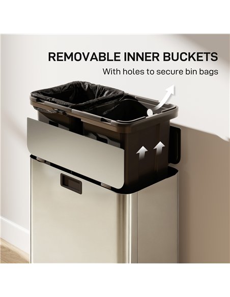 HOMCOM Dual Kitchen Bin with Soft-Close Butterfly Lid, 2 x 28L Stainless Steel Pedal Bin with Removable Inner Buckets, Fingerpri - pic 172794 | FastDaddyshop