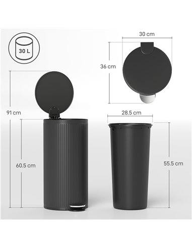 HOMCOM 30 Litre Pedal Kitchen Bin with Soft Close and Stay Open Lid, Rubbish Bin with Removable Inner Bucket for Kitchen, Office