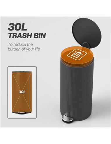 HOMCOM 30 Litre Pedal Kitchen Bin with Soft Close and Stay Open Lid, Rubbish Bin with Removable Inner Bucket for Kitchen, Office