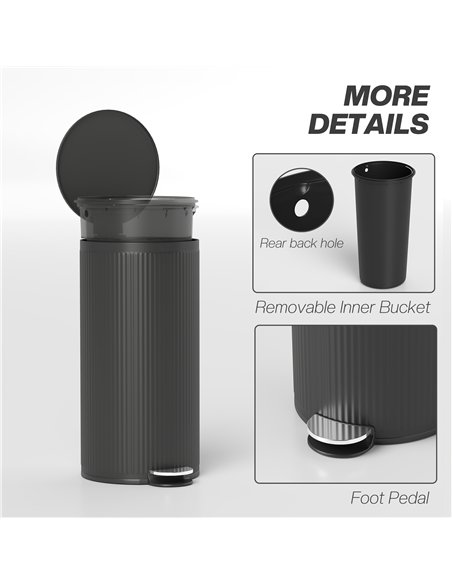 HOMCOM 30 Litre Pedal Kitchen Bin with Soft Close and Stay Open Lid, Rubbish Bin with Removable Inner Bucket for Kitchen, Office - pic 172803 | FastDaddyshop