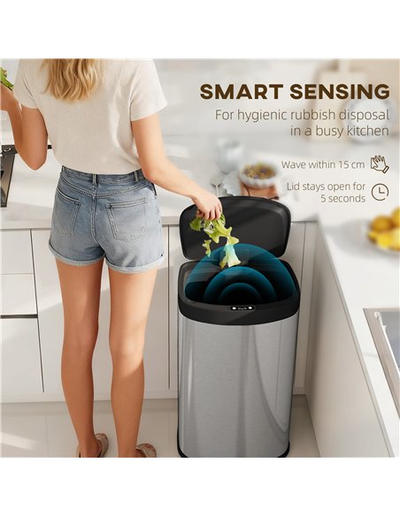 HOMCOM 55L Sensor Bin with Soft-Close Lid, Automatic Touchless Motion Sensor Kitchen Bin with Fingerprint Resistant Stainless St - pic 172809 | FastDaddyshop