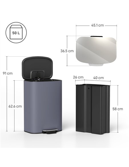 HOMCOM 50L Kitchen Bin with Soft-Close Lid and Stay-Open Function, Stainless Steel Pedal Bin with Removable Inner Bucket, Carry  - pic 172826 | FastDaddyshop