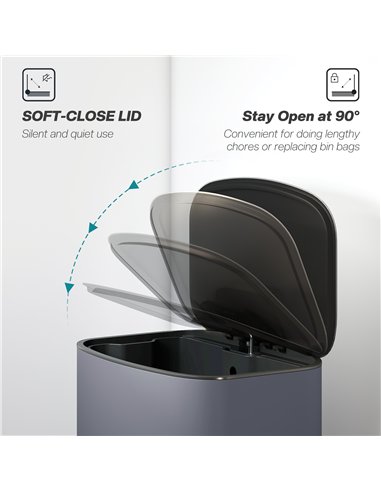 HOMCOM 50L Kitchen Bin with Soft-Close Lid and Stay-Open Function, Stainless Steel Pedal Bin with Removable Inner Bucket, Carry 