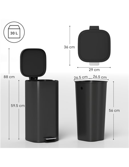 HOMCOM 30L Kitchen Bin, Compact Pedal Bin with Soft-Close and Stay-Open Lid, Removable Bucket for Kitchen, Home, Office, Black - pic 172835 | FastDaddyshop