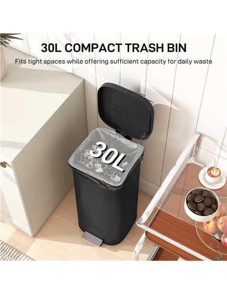 HOMCOM 30L Kitchen Bin, Compact Pedal Bin with Soft-Close and Stay-Open Lid, Removable Bucket for Kitchen, Home, Office, Black - pic 172836 | FastDaddyshop