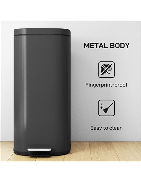 HOMCOM 30L Kitchen Bin, Compact Pedal Bin with Soft-Close and Stay-Open Lid, Removable Bucket for Kitchen, Home, Office, Black - pic 172839 | FastDaddyshop