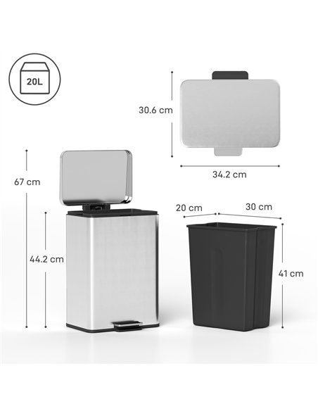 HOMCOM 20L Kitchen Bin with Soft-Close Lid and Stay-Open Function, Stainless Steel Pedal Bin with Removable Inner Bucket for Kit - pic 172844 | FastDaddyshop