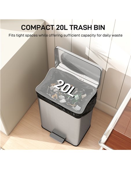 HOMCOM 20L Kitchen Bin with Soft-Close Lid and Stay-Open Function, Stainless Steel Pedal Bin with Removable Inner Bucket for Kit - pic 172845 | FastDaddyshop