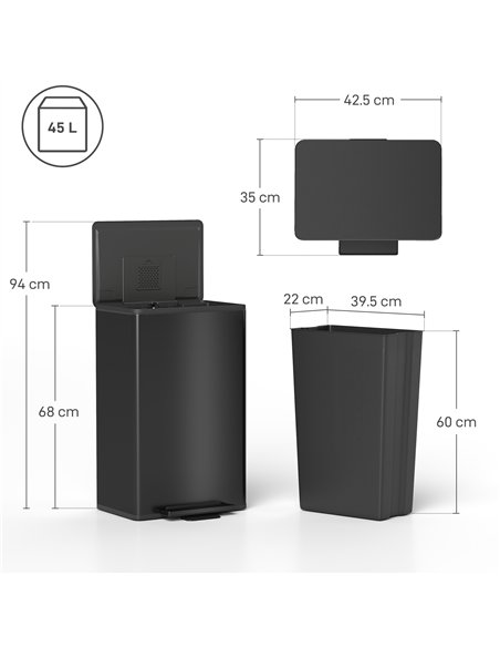 HOMCOM 45L Kitchen Bin, Pedal Bin with Soft-Close and Stay-Open Lid, Removable Inner Bucket, Odor Control for Kitchen, Office - pic 172862 | FastDaddyshop