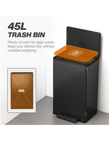 HOMCOM 45L Kitchen Bin, Pedal Bin with Soft-Close and Stay-Open Lid, Removable Inner Bucket, Odor Control for Kitchen, Office