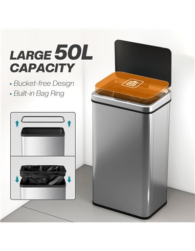 HOMCOM 50L Sensor Bin with Quiet Soft-Close Lid, Automatic Touchless Motion Sensor Kitchen Bin with Fingerprint Resistant Stainl
