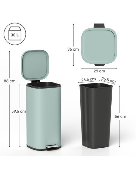 HOMCOM 30L Kitchen Bin, Compact Pedal Bin with Soft-Close and Stay-Open Lid, Removable Bucket for Kitchen, Home, Office, Green - pic 172898 | FastDaddyshop
