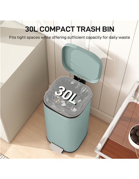 HOMCOM 30L Kitchen Bin, Compact Pedal Bin with Soft-Close and Stay-Open Lid, Removable Bucket for Kitchen, Home, Office, Green - pic 172899 | FastDaddyshop